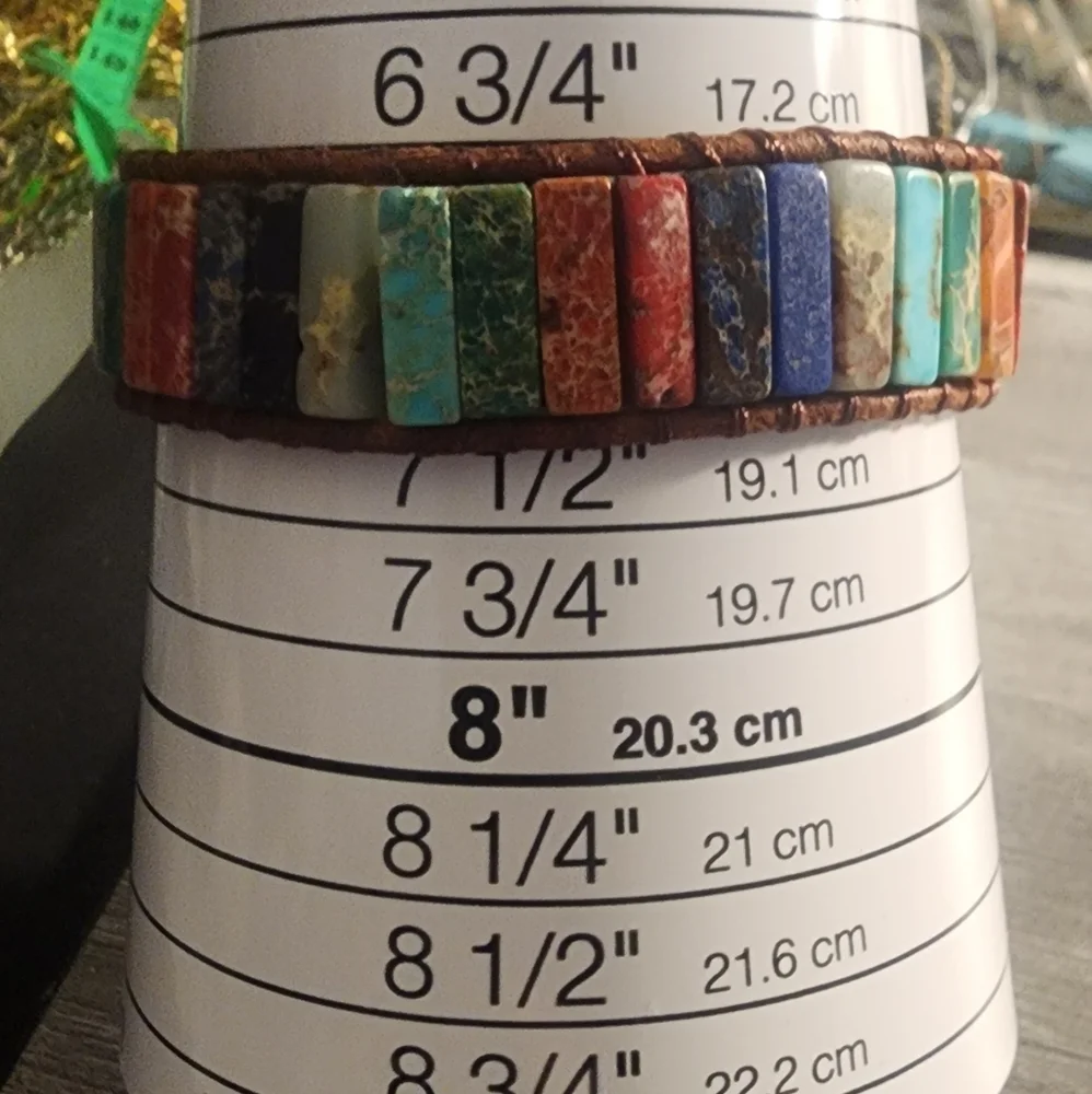 Multicolor Jade Stone Bracelet with Leather‎ Cord, 7 1/4